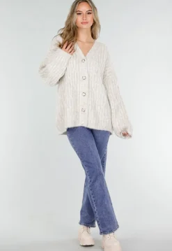 Beige Gebreid Oversized Vest met Goudkleurige Knopen