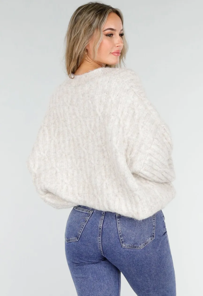 Beige Gebreid Oversized Vest met Goudkleurige Knopen