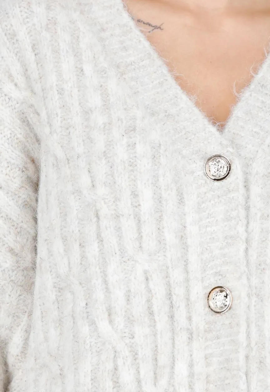 Beige Gebreid Oversized Vest met Goudkleurige Knopen
