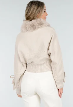 Beige Gebreid Vest met Nepbontkraag en Strikdetails