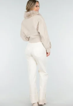 Beige Gebreid Vest met Nepbontkraag en Strikdetails