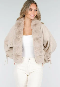 Beige Gebreid Vest met Nepbontkraag en Strikdetails