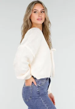 Beige Gebreid Vest met Strik aan de Voorzijde
