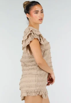 Beige Gehaakte Co-ord Set met Ruffle Mouwen