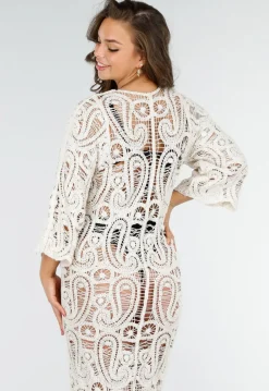 Beige Gehaakte Cover-up Jurk Vest met V-Hals en Lange Mouwen