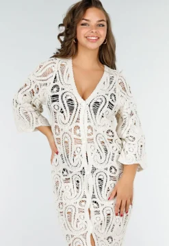 Beige Gehaakte Cover-up Jurk Vest met V-Hals en Lange Mouwen