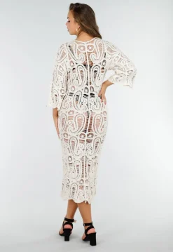 Beige Gehaakte Cover-up Jurk Vest met V-Hals en Lange Mouwen