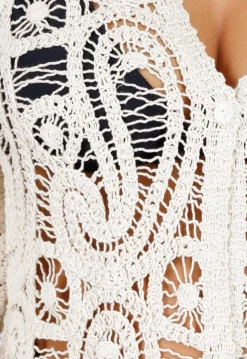 Beige Gehaakte Cover-up Jurk Vest met V-Hals en Lange Mouwen