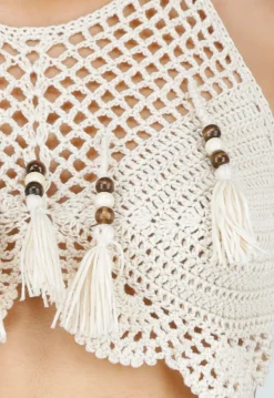 Beige Gehaakte Halter Top met Open Rug