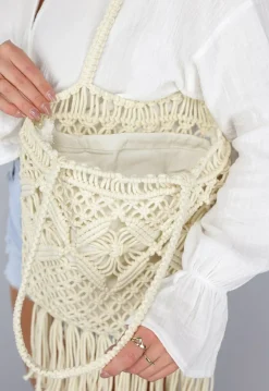 Beige Gehaakte Strandtas met Franjes