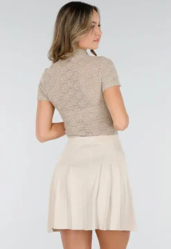Beige Gehaakte Top met Korte Mouwen en Col