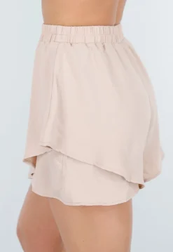 Beige Gelaagde Linnenlook Short met Stretch Band