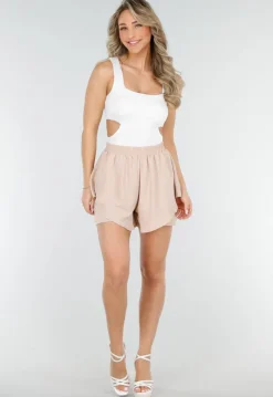 Beige Gelaagde Linnenlook Short met Stretch Band