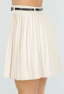 Beige Geplooide Plissé Rok met Riem