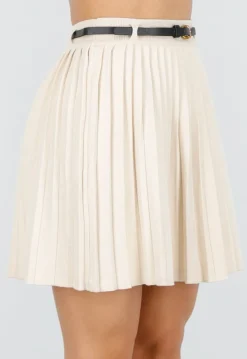 Beige Geplooide Plissé Rok met Riem