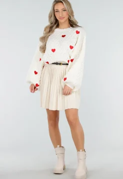 Beige Geplooide Plissé Rok met Riem