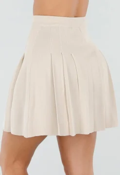 Beige Geplooide Rok met Sierknopen en Stretch