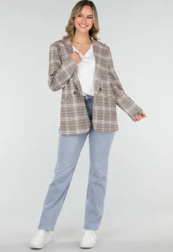 Beige Geruite Blazer met Schoudervullingen