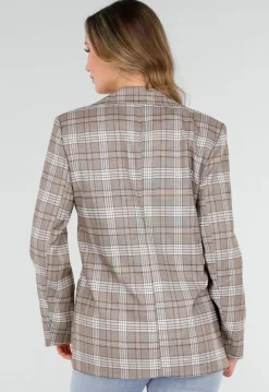 Beige Geruite Blazer met Schoudervullingen