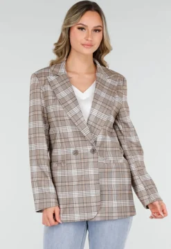 Beige Geruite Blazer met Schoudervullingen