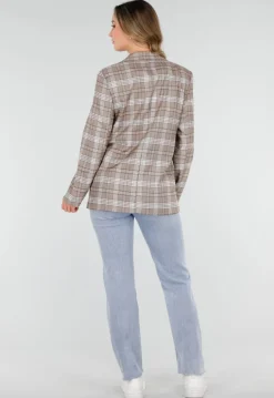 Beige Geruite Blazer met Schoudervullingen