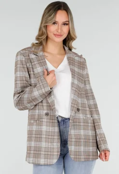 Beige Geruite Blazer met Schoudervullingen