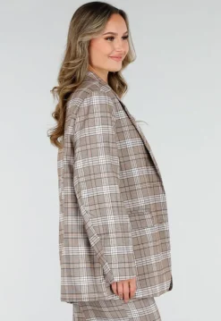 Beige Geruite Blazer met Schoudervullingen