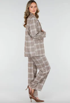 Beige Geruite Blazer met Schoudervullingen