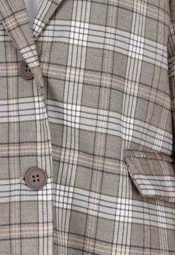 Beige Geruite Blazer met Schoudervullingen