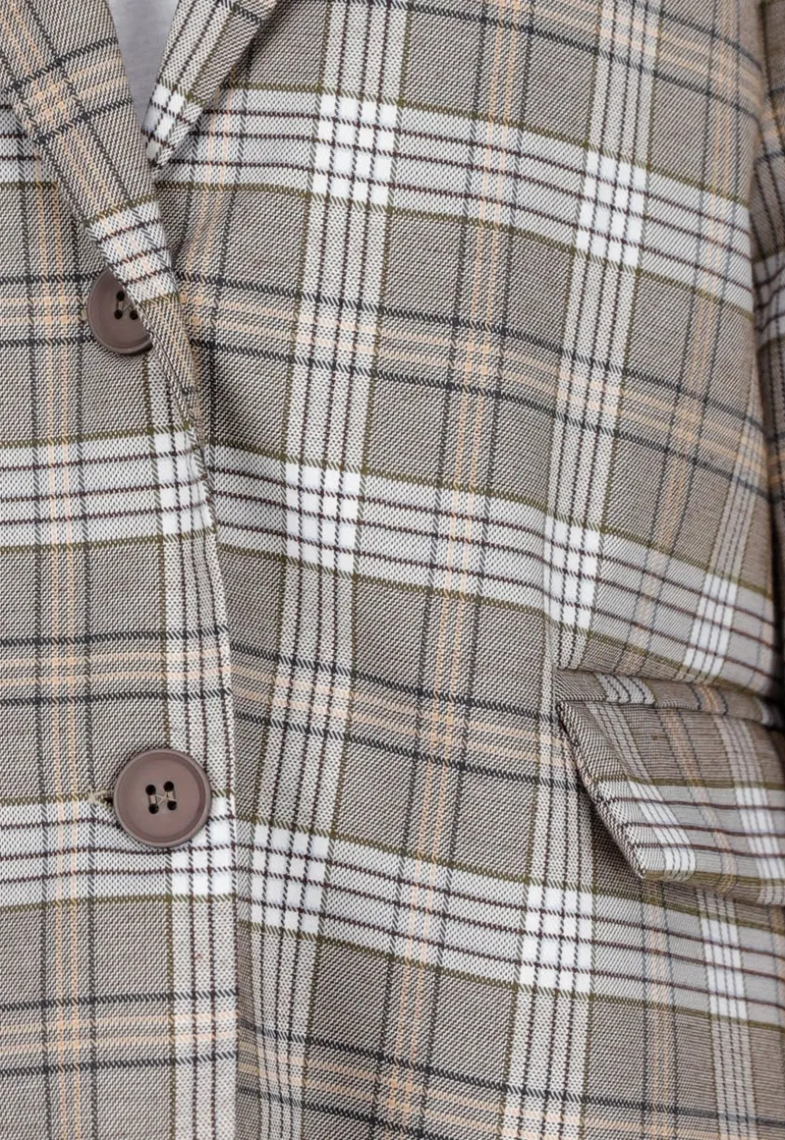 Beige Geruite Blazer met Schoudervullingen