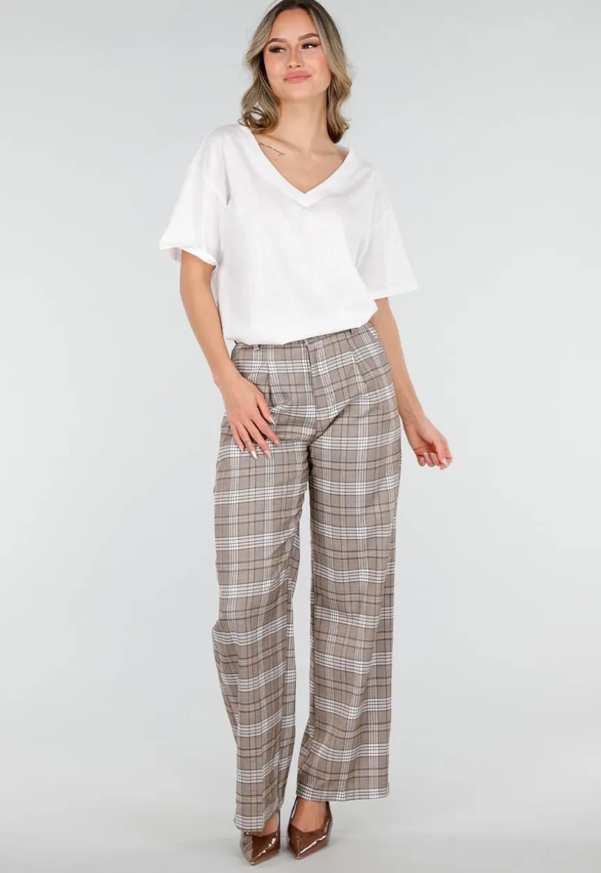 Beige Geruite Pantalon Straight Leg