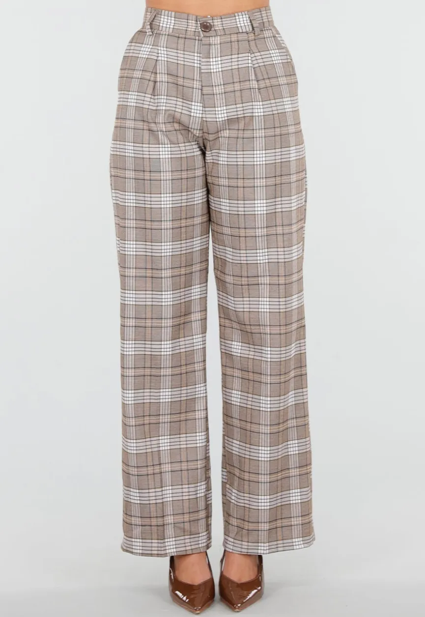 Beige Geruite Pantalon Straight Leg