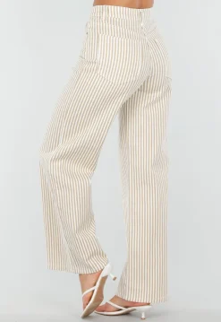 Beige Gestreepte Wide Leg Broek met Lichte Stretch