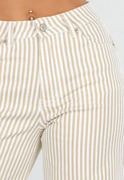 Beige Gestreepte Wide Leg Broek met Lichte Stretch