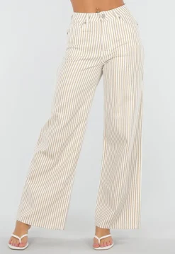 Beige Gestreepte Wide Leg Broek met Lichte Stretch