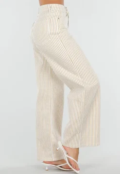 Beige Gestreepte Wide Leg Broek met Lichte Stretch