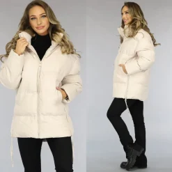 Beige Gewatteerde Winterjas zonder Cappuchon