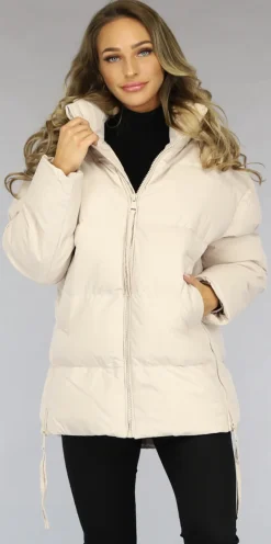 Beige Gewatteerde Winterjas zonder Cappuchon