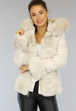 Beige Gewatteerde Winterjas met Bont en Riem