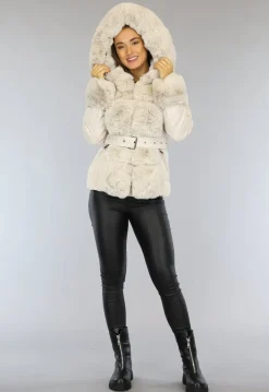 Beige Gewatteerde Winterjas met Bont en Riem