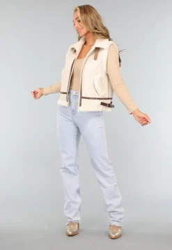 Beige Gilet met Teddy Voering en Gesp Details