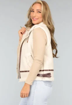Beige Gilet met Teddy Voering en Gesp Details