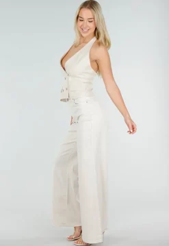 Beige Gilet Top met Open Rug en Gouden Knopen