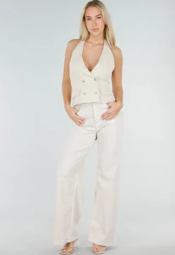 Beige Gilet Top met Open Rug en Gouden Knopen