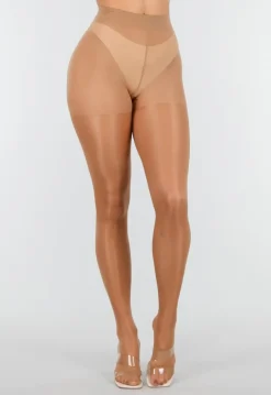 Beige Glanzende Panty met Hoge Taille en Corrigerend Effect