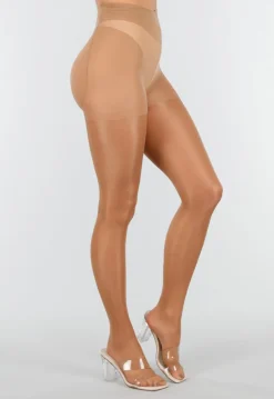 Beige Glanzende Panty met Hoge Taille en Corrigerend Effect