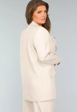 Beige Halflange Blazer met Streepjes Patroon