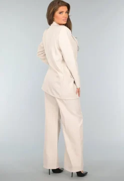 Beige Halflange Blazer met Streepjes Patroon