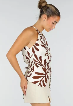 Beige Halter Top met Bladerenprint en Striksluiting op de Rug