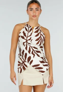 Beige Halter Top met Bladerenprint en Striksluiting op de Rug